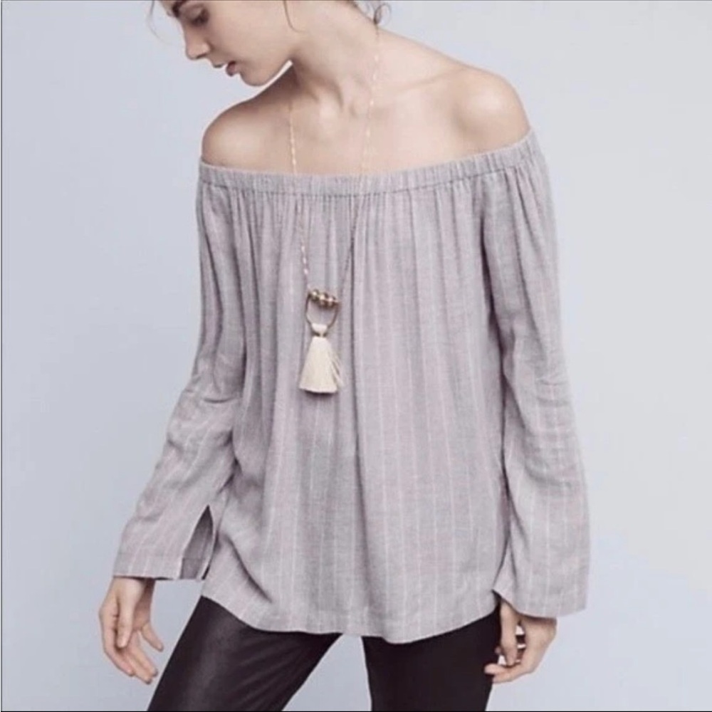 Cloth & Stone Off-Shoulder Striped Blouse - Light Gray